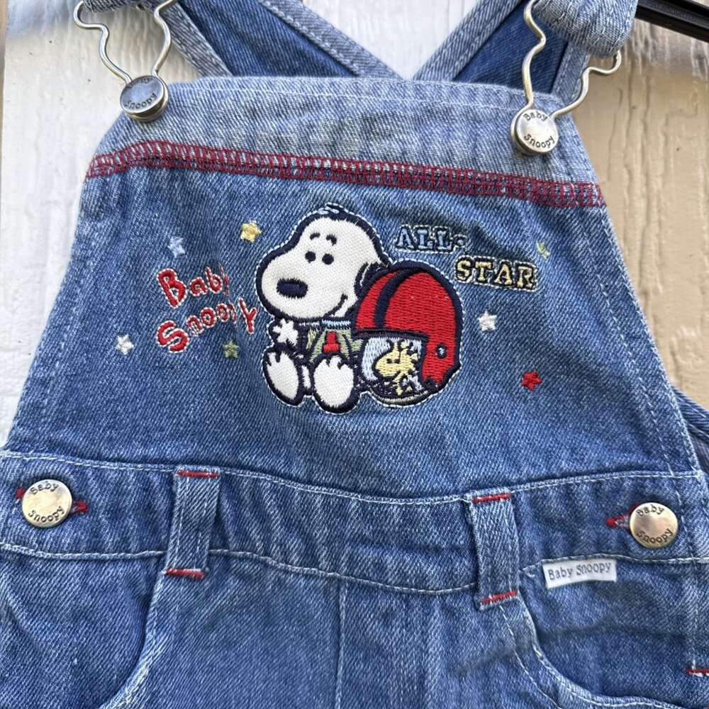 VTG Baby Snoopy Peanuts Football Denim Jean Overalls Size 6-9 Months - Picture 3 of 7